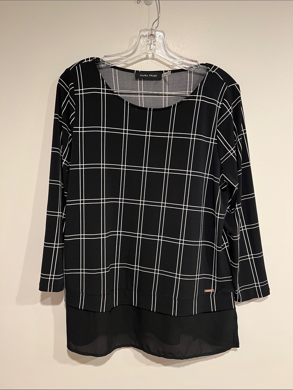 Ivanka Trump Black and White Windowpane Long Sleeve Layered Top